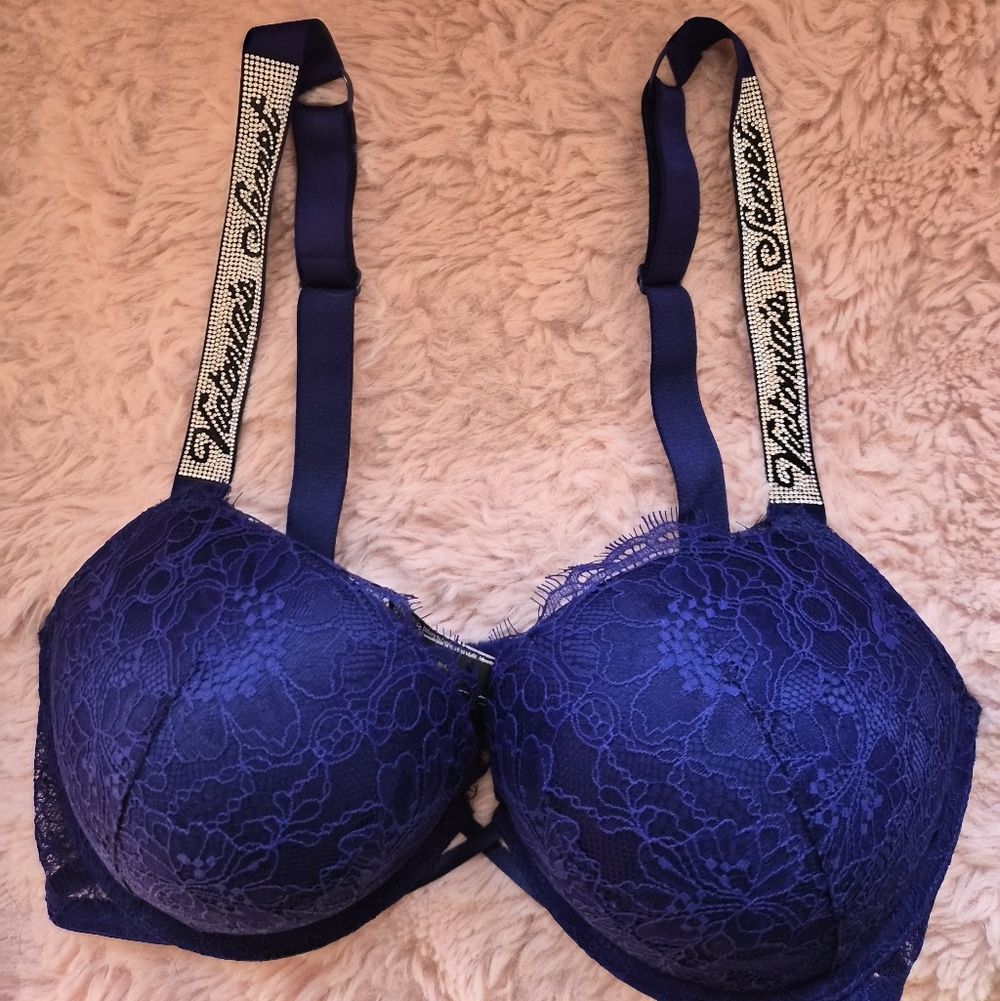 Victoria's Secret Navy Lace Push-Up Bra with Embellished Straps